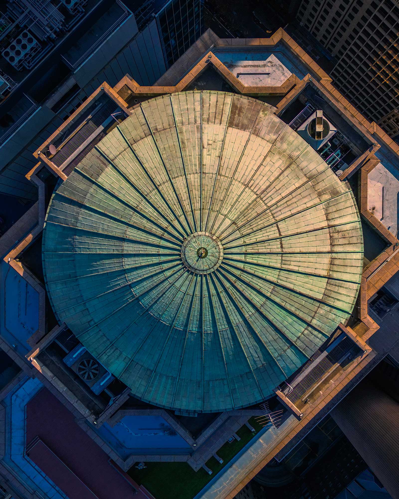 The ornate copper dome of 333 Collins Street seen from above