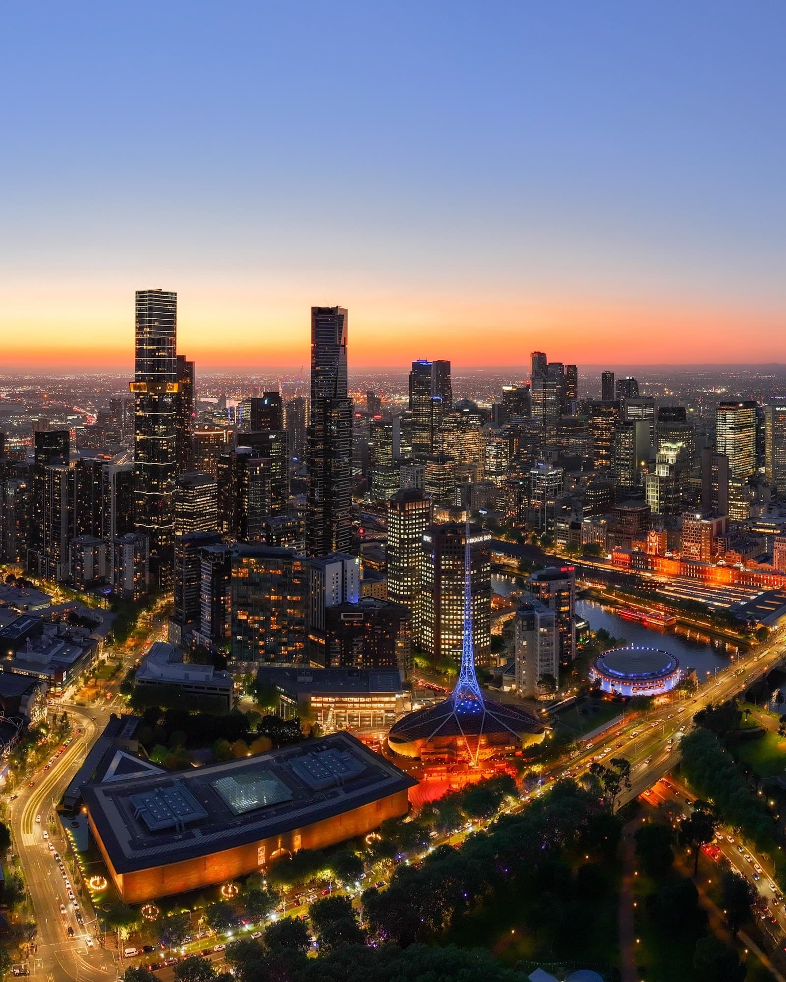 Melbourne CBD skyline bathed in deep twilight colours